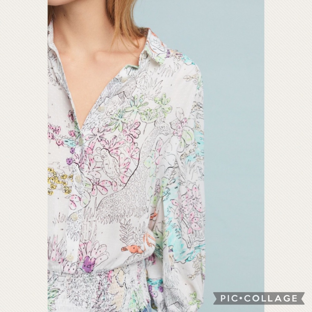 Anthropologie Maeve Jungle Rosa Blouse in Ivory